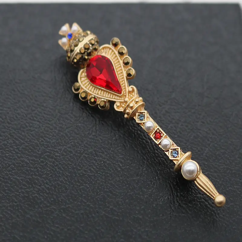 Retro Baroque Diamond Pearl Corsage Crown Cross Magic Wand Brooch - Image 4