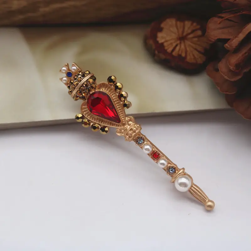 Retro Baroque Diamond Pearl Corsage Crown Cross Magic Wand Brooch - Image 6