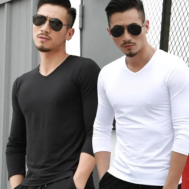 Men V-Neck Long Sleeve Blue T-Shirt - Image 6
