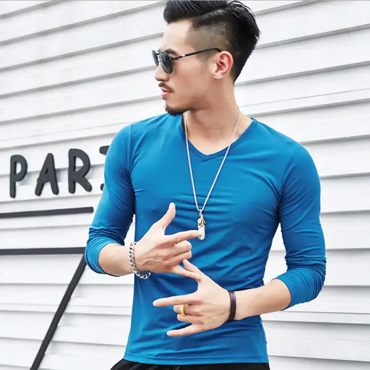 Men V-Neck Long Sleeve Blue T-Shirt - Image 7