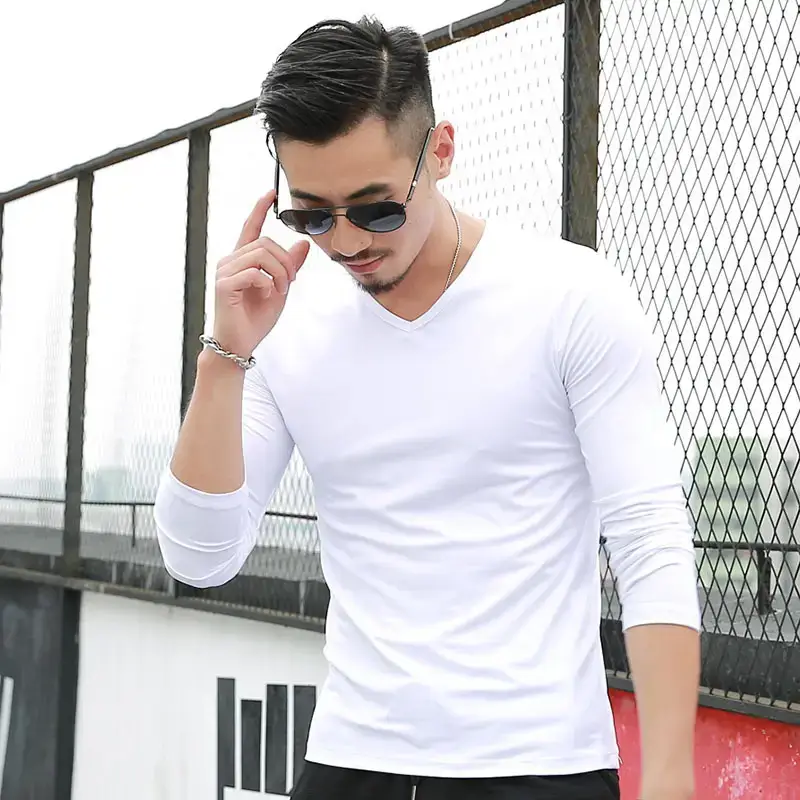 Men V-Neck Long Sleeve Blue T-Shirt - Image 10