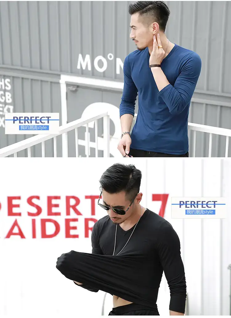 Men V-Neck Long Sleeve Blue T-Shirt — feature 2