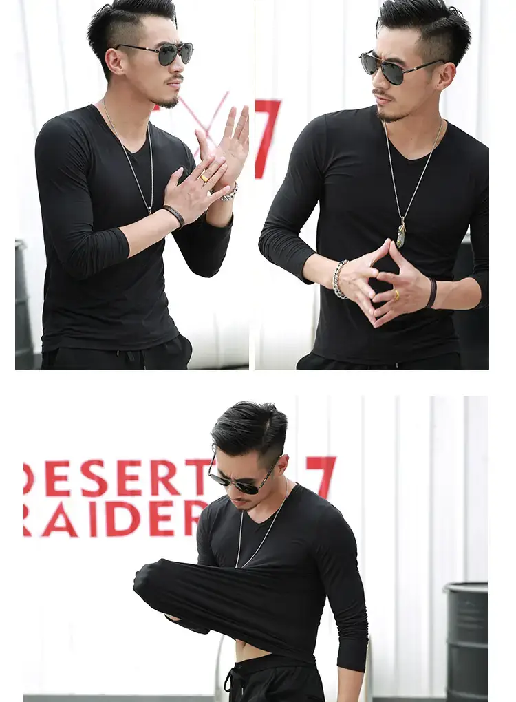 Men V-Neck Long Sleeve Blue T-Shirt — feature 6