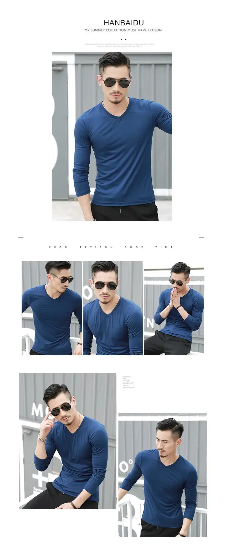 Men V-Neck Long Sleeve Blue T-Shirt — feature 7