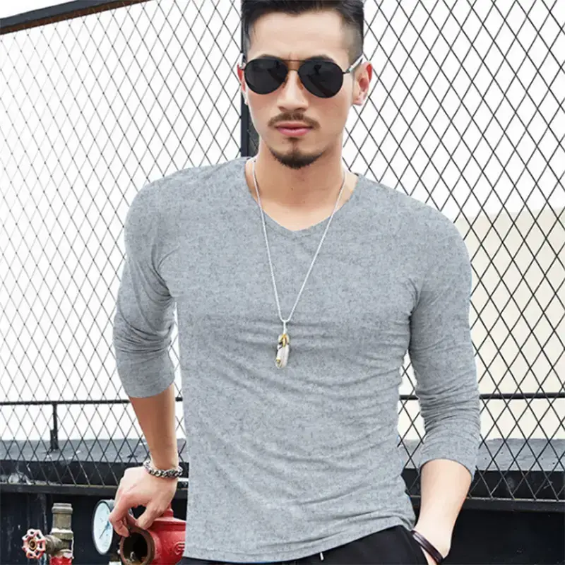 Men V-Neck Long Sleeve Blue T-Shirt - Image 5