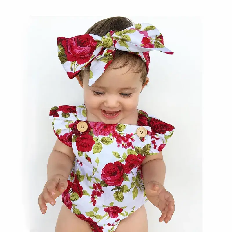 Girls Floral Rose Baby Suit with Bow Set - Image 3
