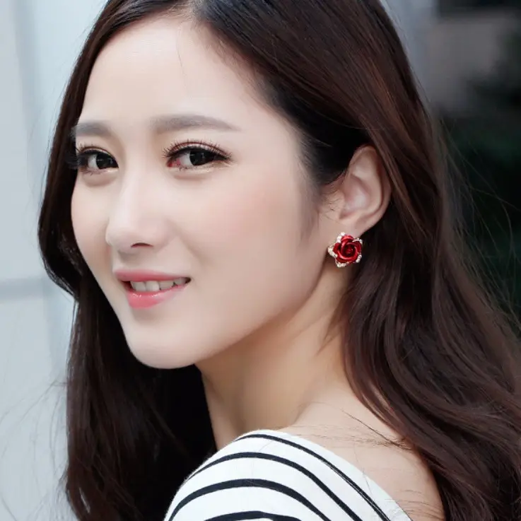 Korean Fashion Rose Earrings with Rhinestones - Image 9