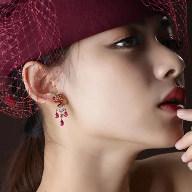 Korean Red Tourmaline Earrings 18K Gold Set