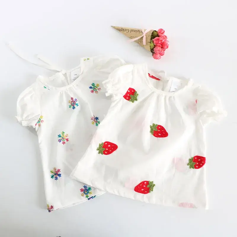 Girls Cotton Embroidered T-Shirt White Strawberry 1-3Y - Image 5