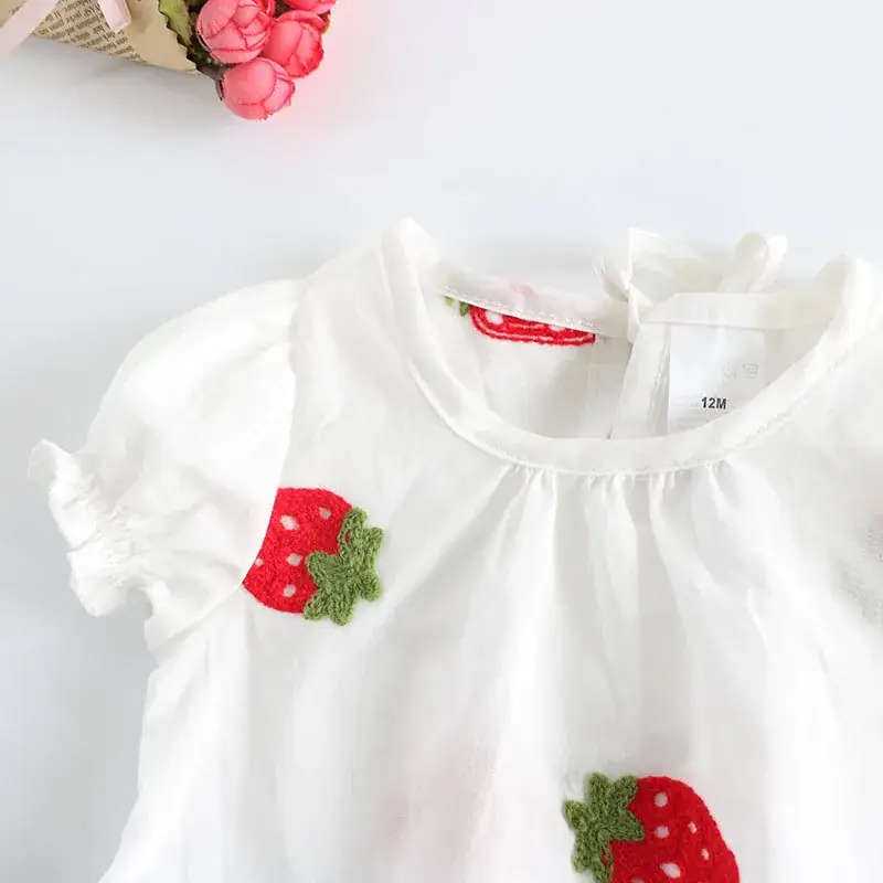 Girls Cotton Embroidered T-Shirt White Strawberry 1-3Y - Image 8