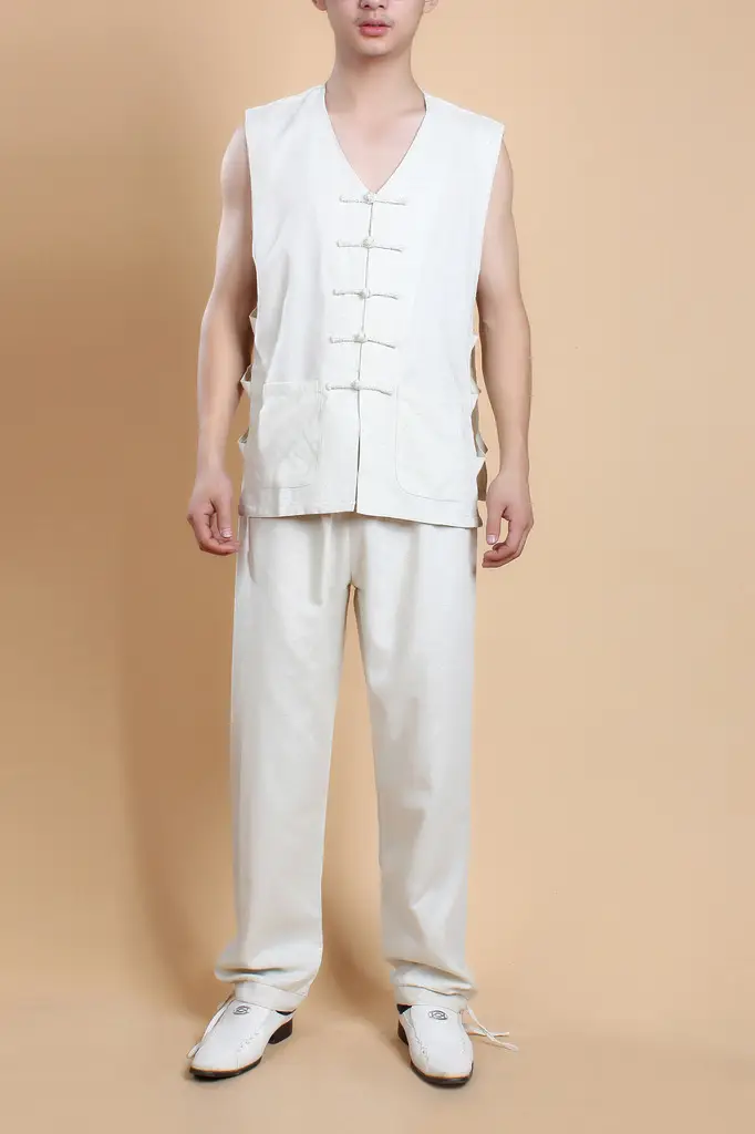 Men Cotton Linen Sleeveless Chinese Tang Suit White