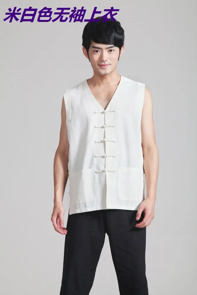 Men Cotton Linen Sleeveless Chinese Tang Suit White — feature 10