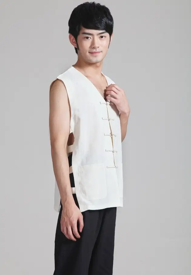 Men Cotton Linen Sleeveless Chinese Tang Suit White — feature 7
