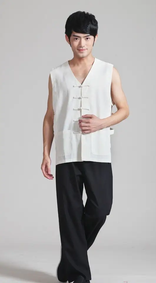 Men Cotton Linen Sleeveless Chinese Tang Suit White — feature 9