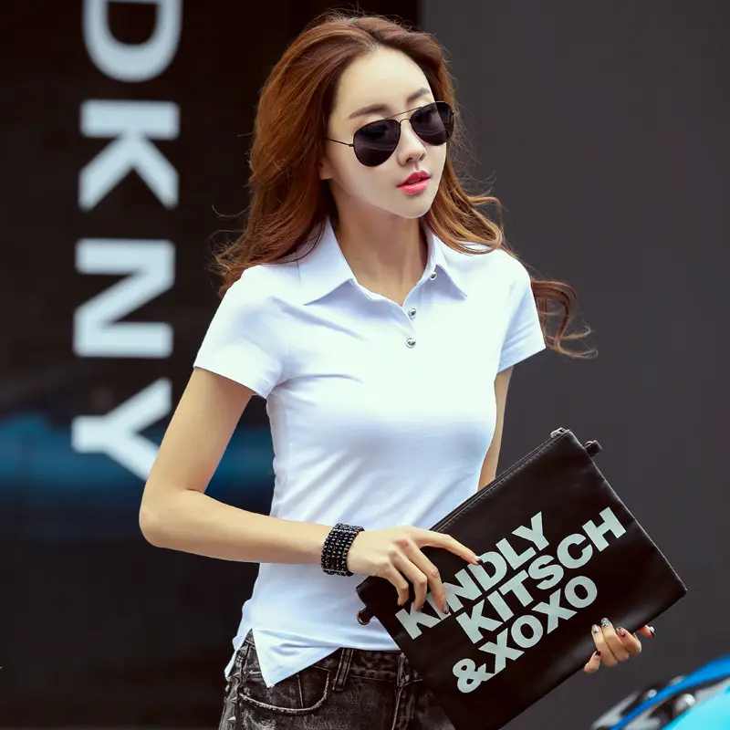 Women Cotton Polo T-Shirt White Large Summer - Image 2
