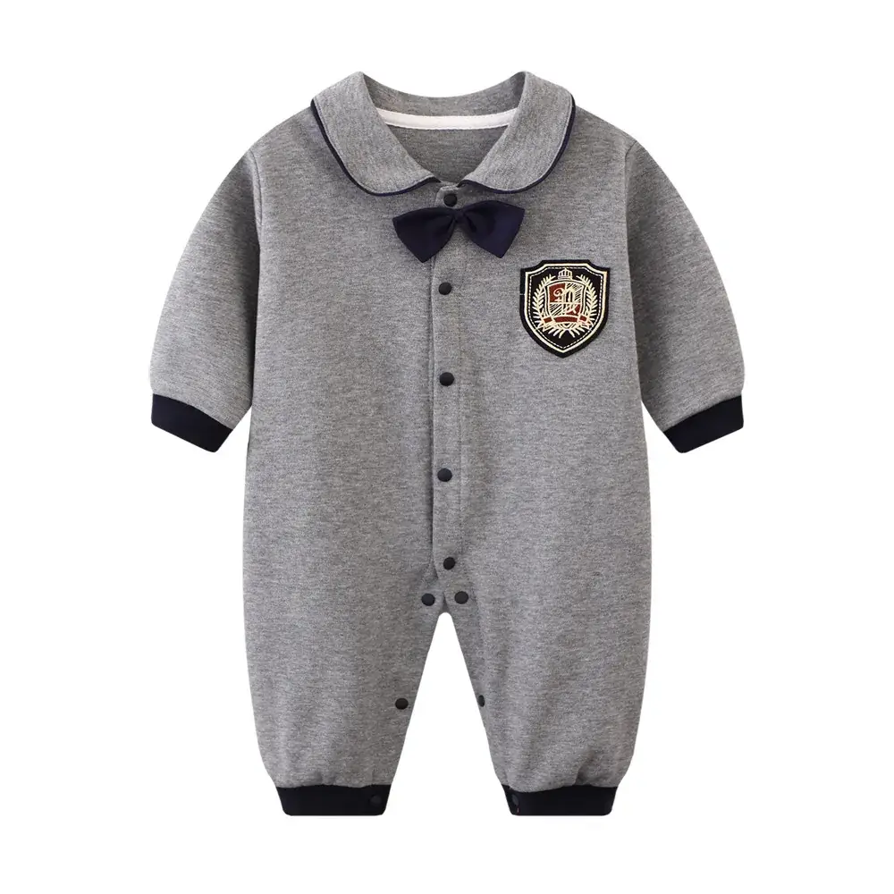 Baby Grey Cotton Jumpsuit with Bow & Patch - Image 2