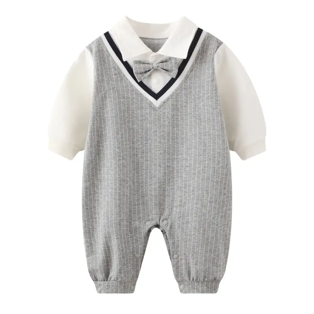 Baby Grey Cotton Jumpsuit with Bow & Patch - Image 9