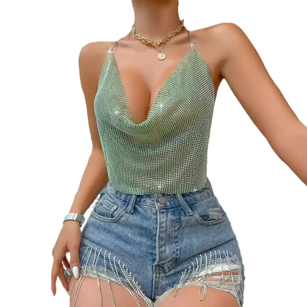 Green Sparkly Low Cut Backless V-Neck Bra Top - Image 12