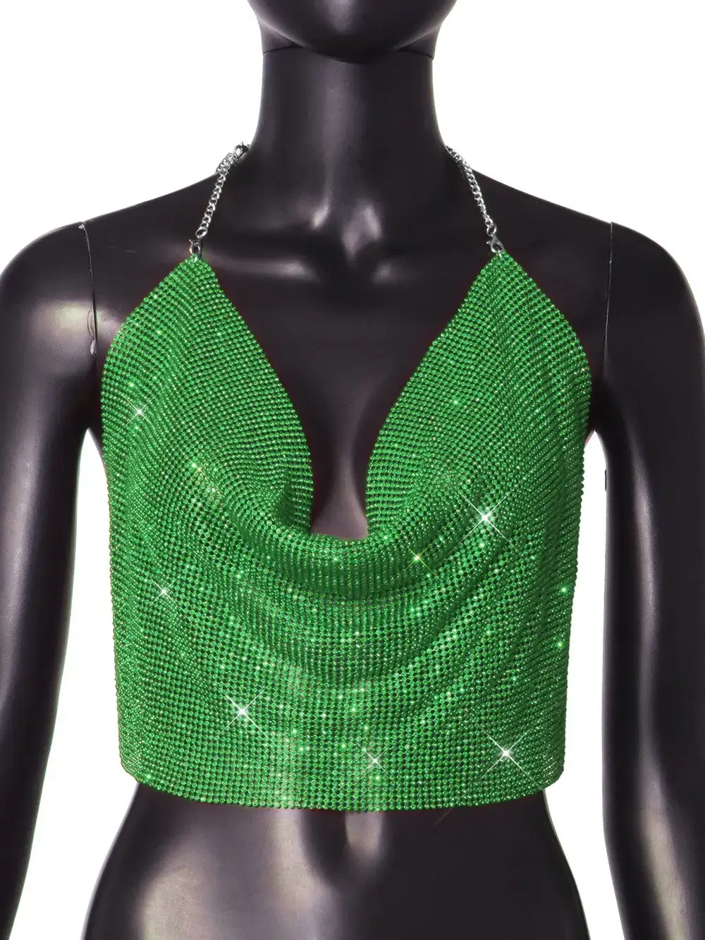 Green Sparkly Low Cut Backless V-Neck Bra Top - Image 7
