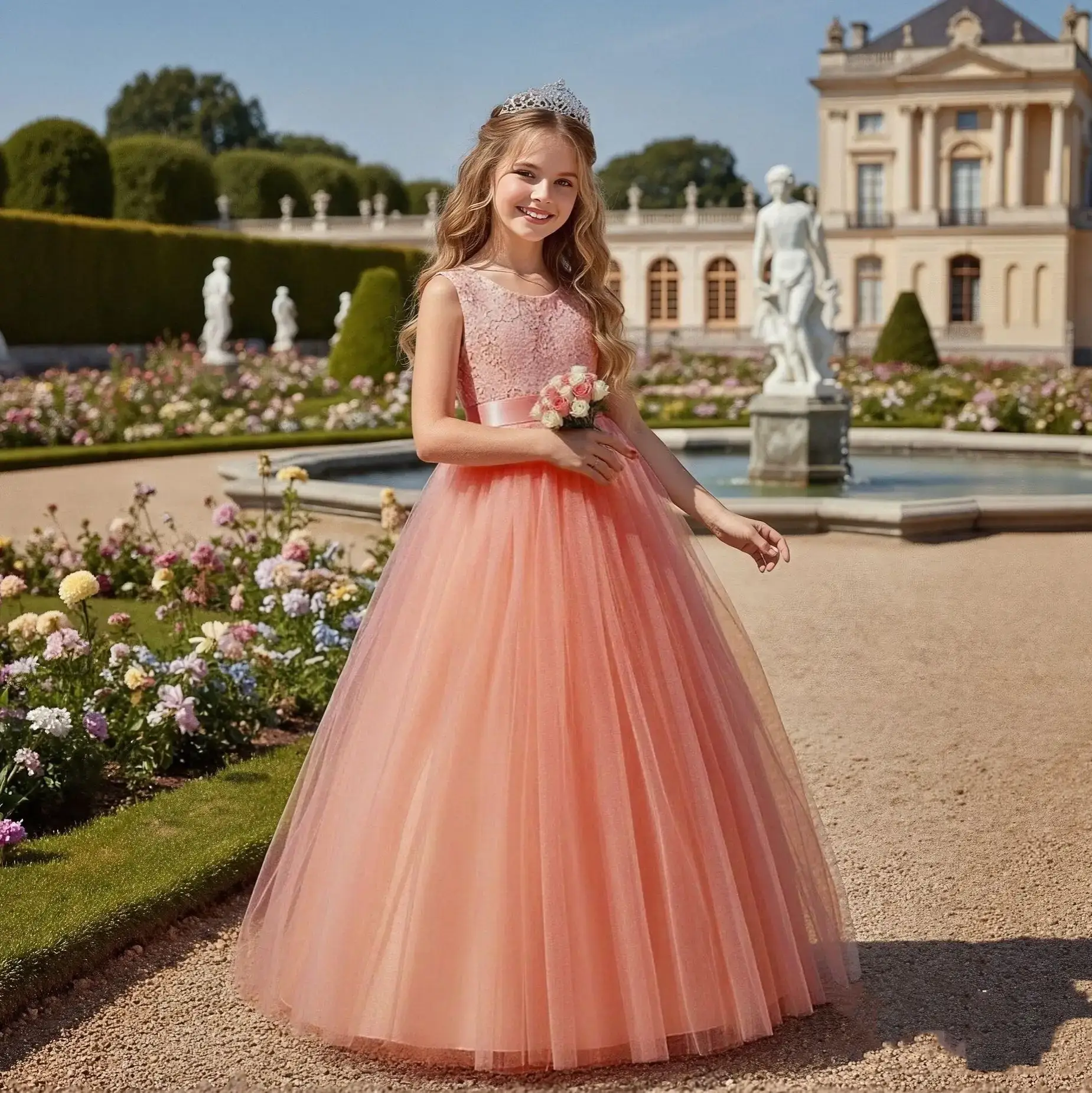 Elegant Korean Style Girls Dress Peach High Waist Skirt