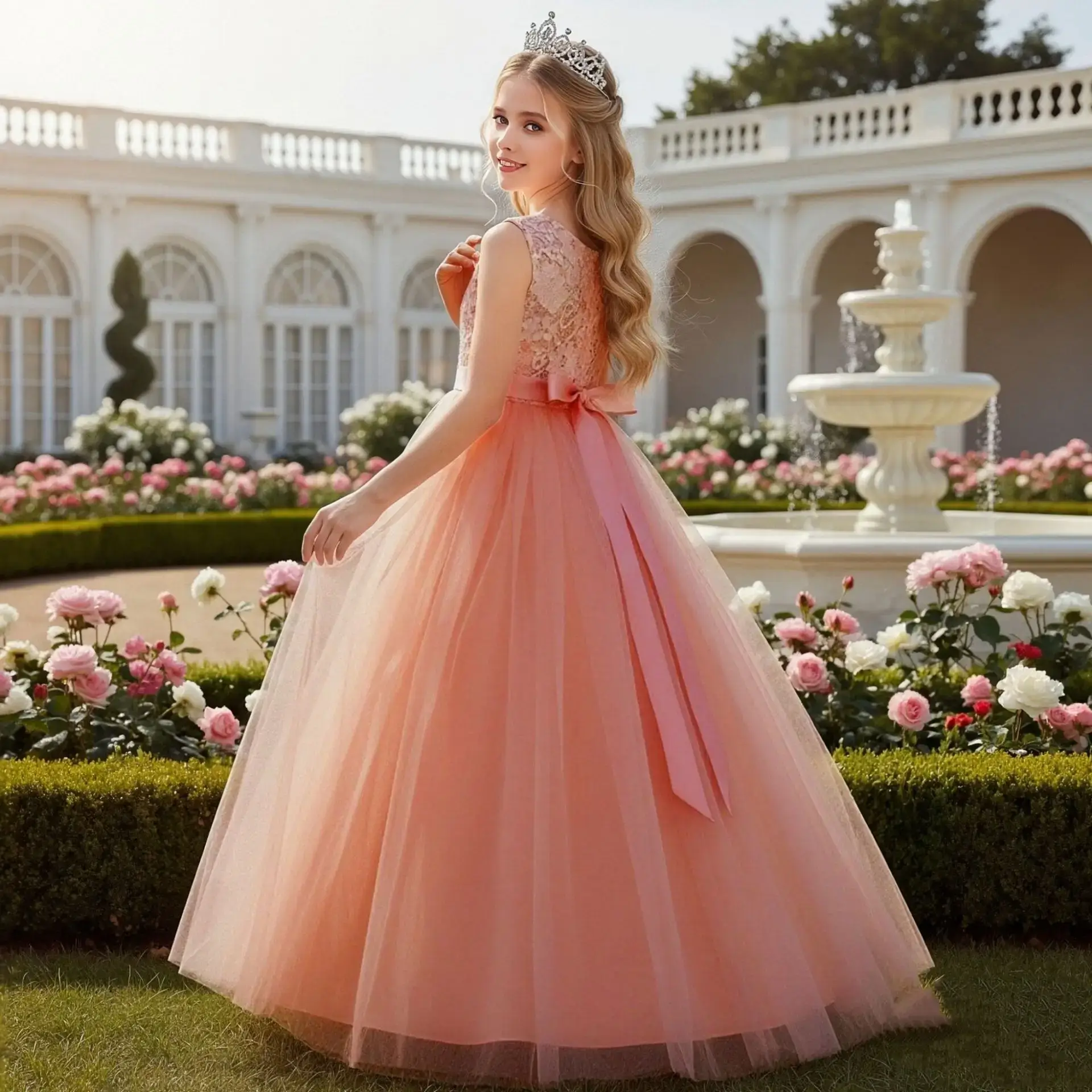 Elegant Korean Style Girls Dress Peach High Waist Skirt