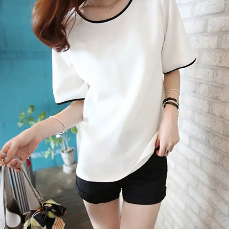 Women's White T-Shirt with Black Trim Plus Size - Image 2