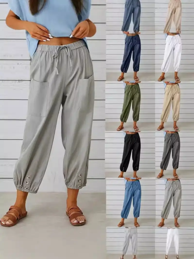 2025 New Loose High-Waist Buttoned Cotton Linen Pants Nine Point Calf - Image 13