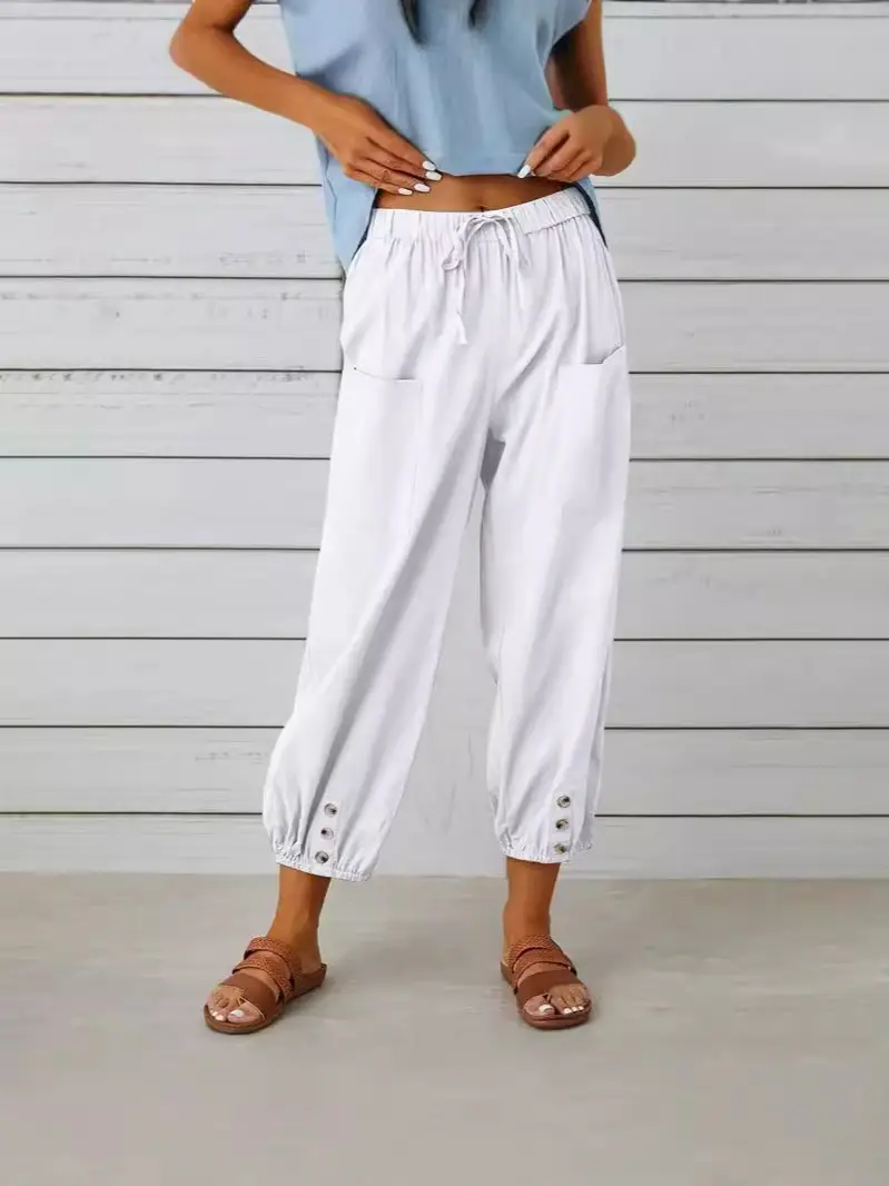 2025 New Loose High-Waist Buttoned Cotton Linen Pants Nine Point Calf - Image 14
