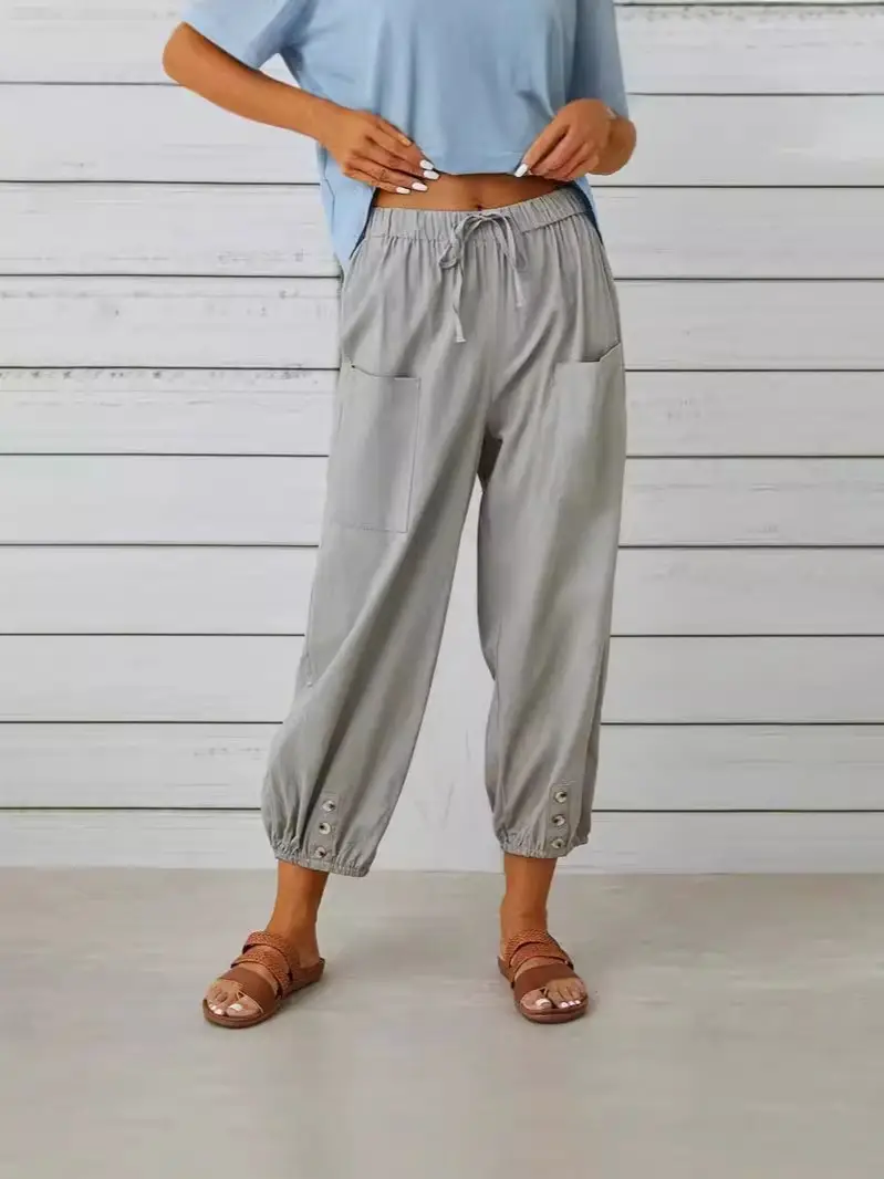 2025 New Loose High-Waist Buttoned Cotton Linen Pants Nine Point Calf - Image 15
