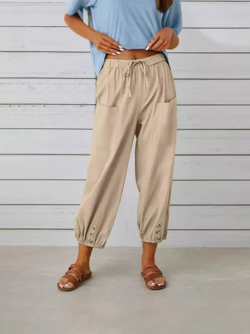 2025 New Loose High-Waist Buttoned Cotton Linen Pants Nine Point Calf - Image 16