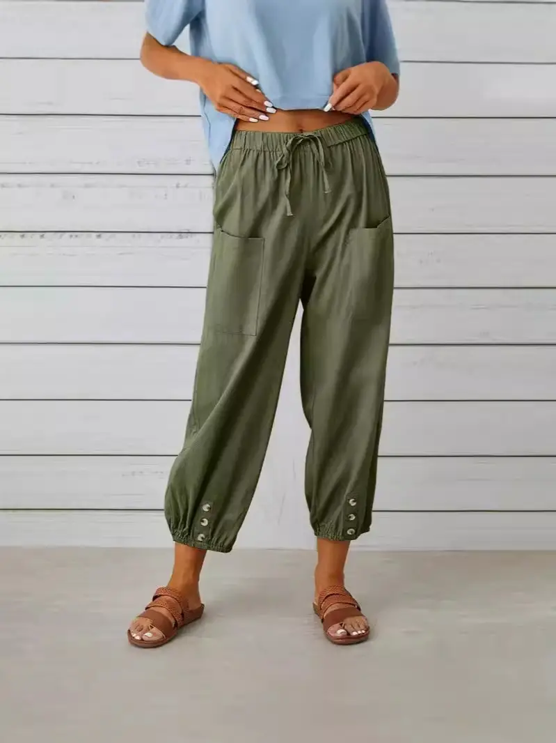 2025 New Loose High-Waist Buttoned Cotton Linen Pants Nine Point Calf - Image 17