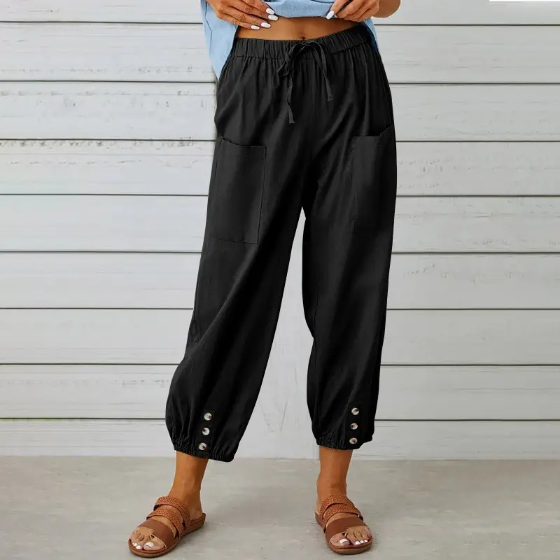 2025 New Loose High-Waist Buttoned Cotton Linen Pants Nine Point Calf - Image 4