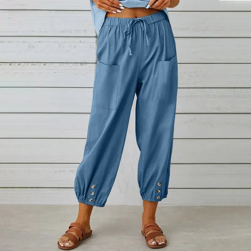 2025 New Loose High-Waist Buttoned Cotton Linen Pants Nine Point Calf - Image 6