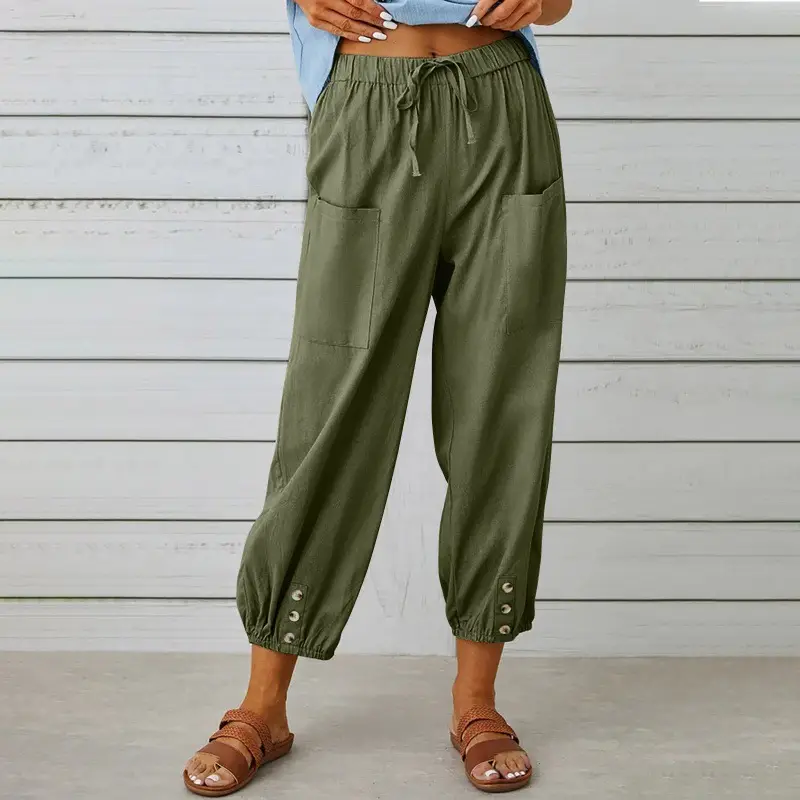 2025 New Loose High-Waist Buttoned Cotton Linen Pants Nine Point Calf - Image 7