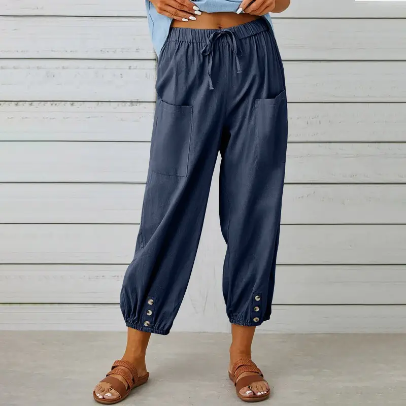 2025 New Loose High-Waist Buttoned Cotton Linen Pants Nine Point Calf - Image 8