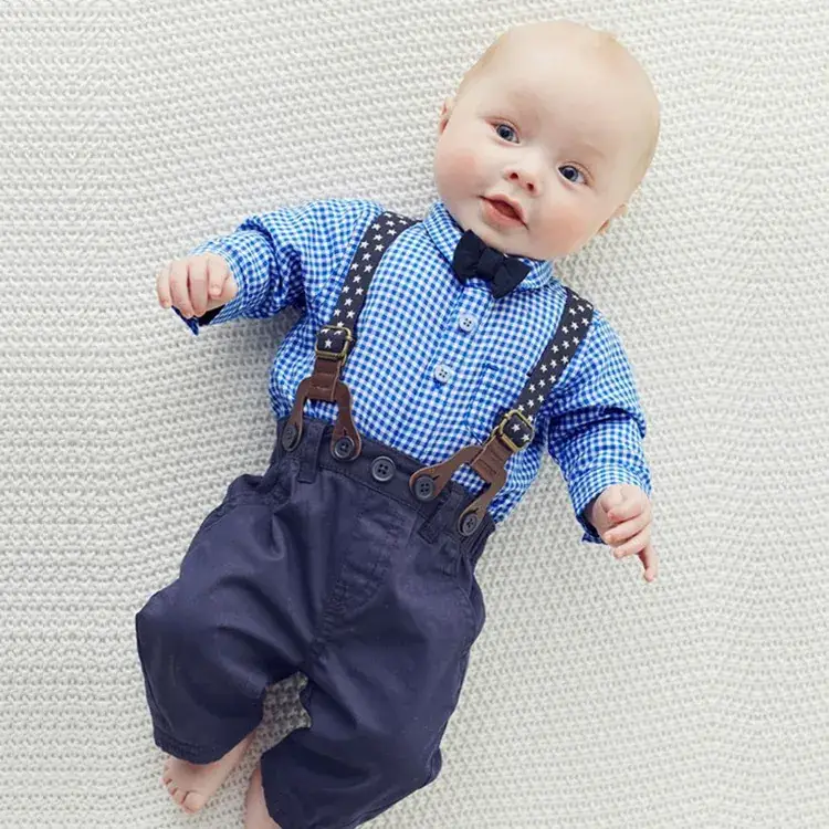 Boys Red Checkered Shirt + Navy Suspender Pants Set - Image 3