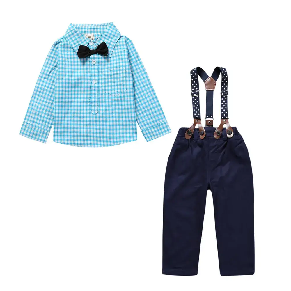 Boys Red Checkered Shirt + Navy Suspender Pants Set - Image 4