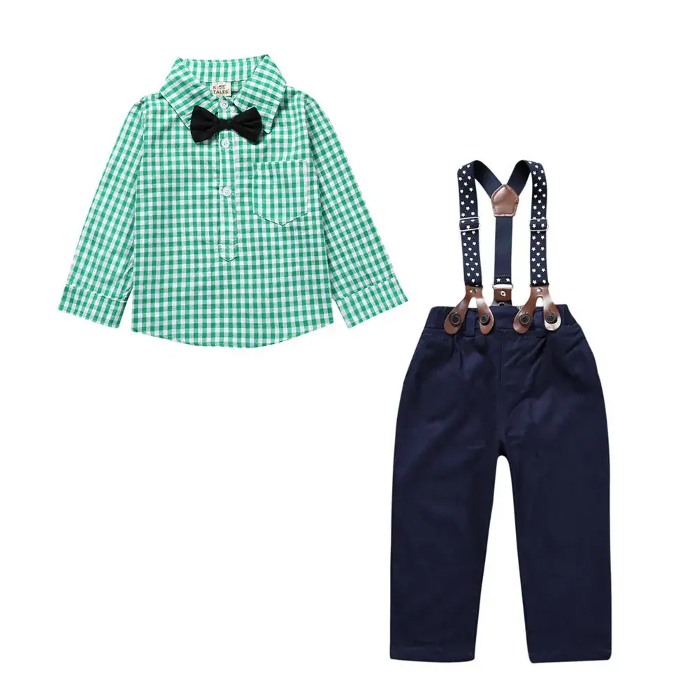 Boys Red Checkered Shirt + Navy Suspender Pants Set - Image 2