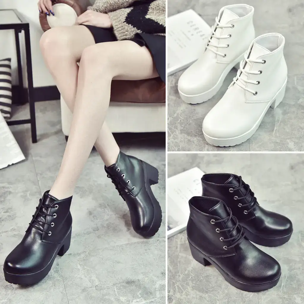 Women White Thick Heel Boots Spring Autumn