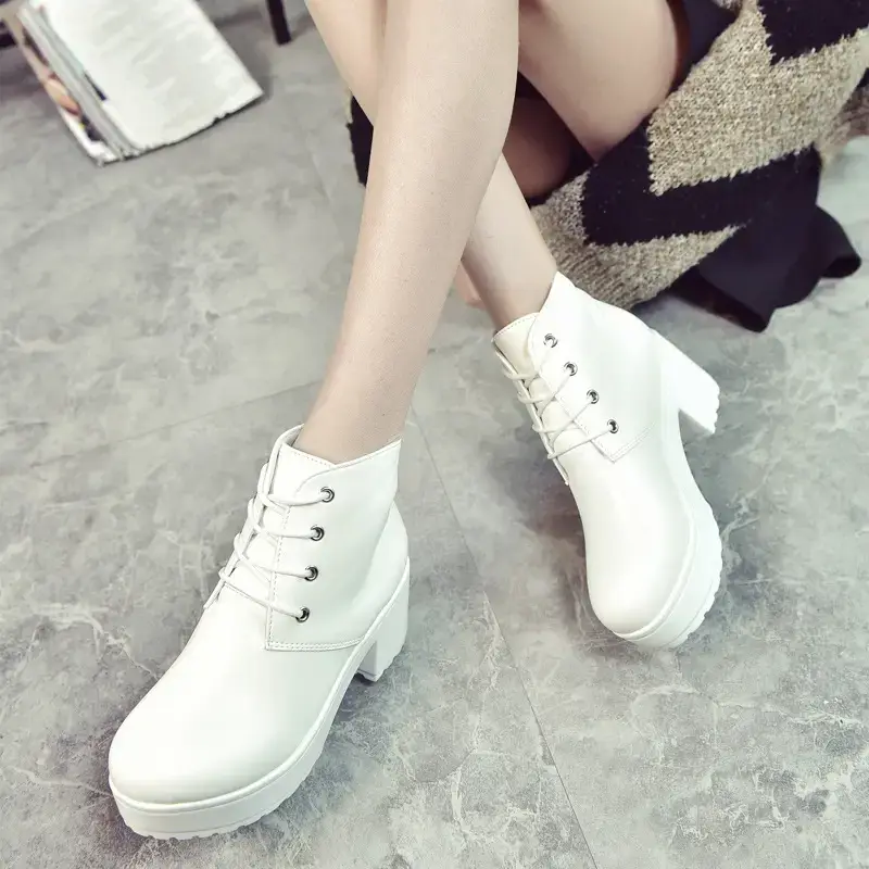 Women White Thick Heel Boots Spring Autumn