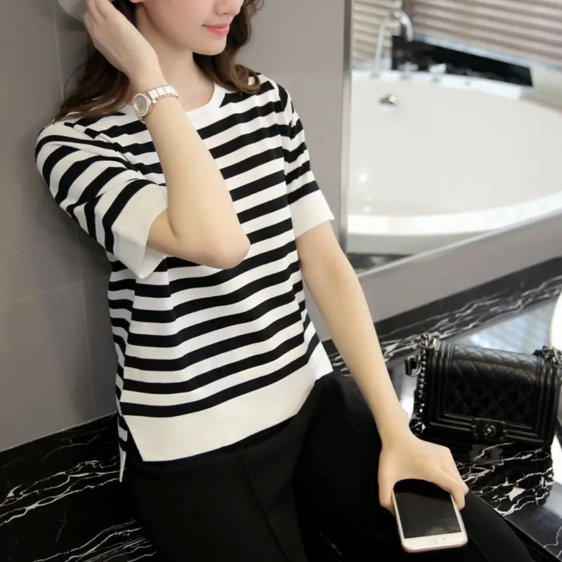 Women Korean Base Striped Split Top T-Shirt Plus Size - Image 3