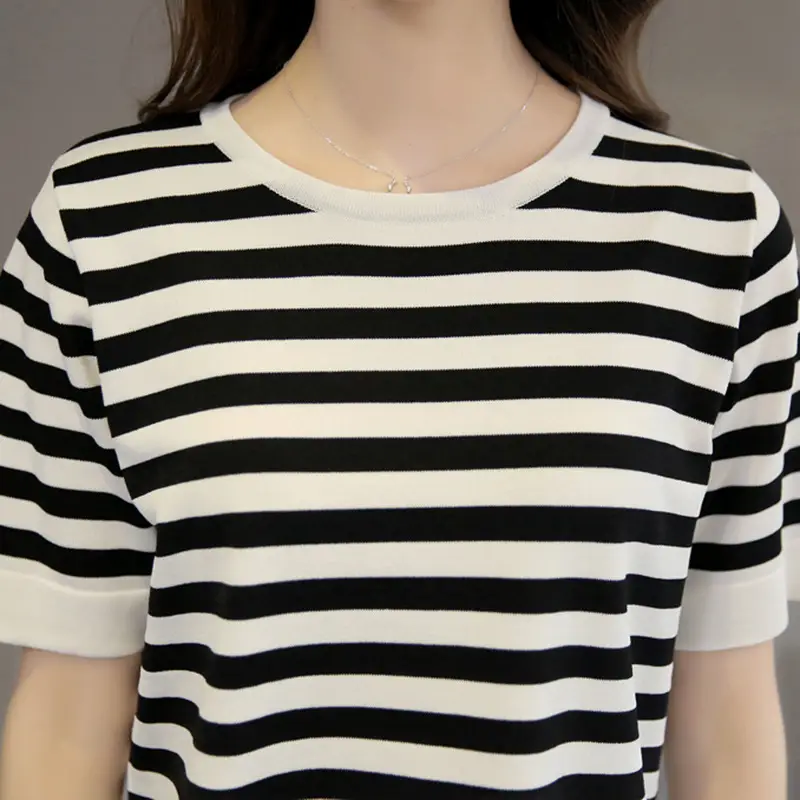 Women Korean Base Striped Split Top T-Shirt Plus Size - Image 5