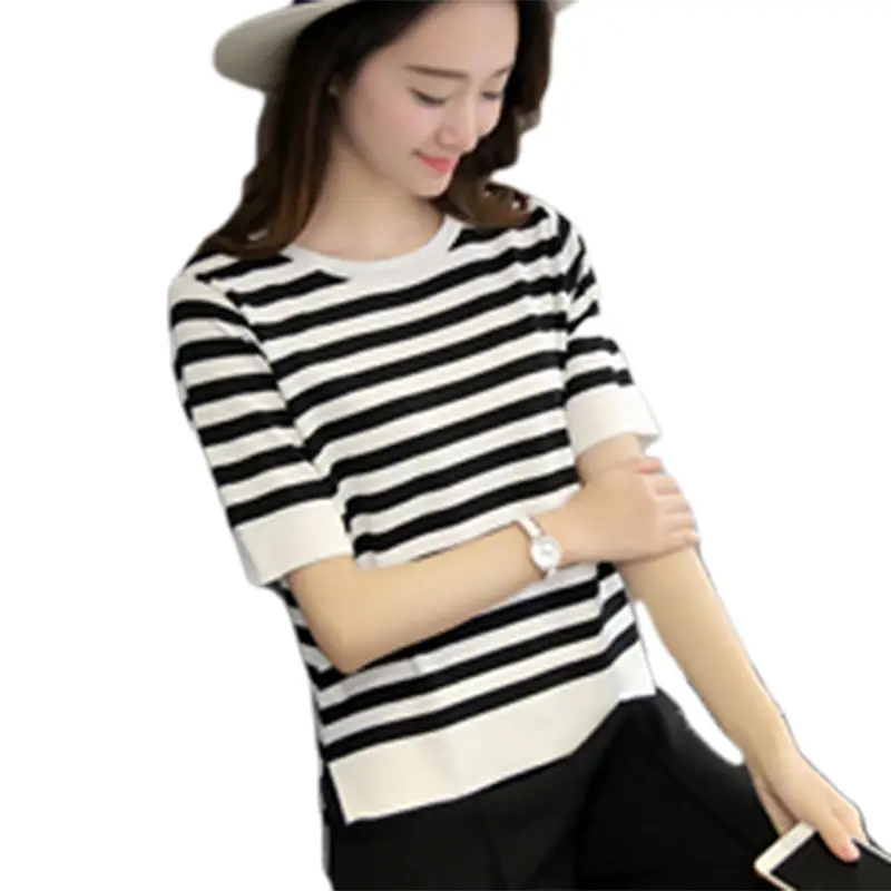 Women Korean Base Striped Split Top T-Shirt Plus Size - Image 7