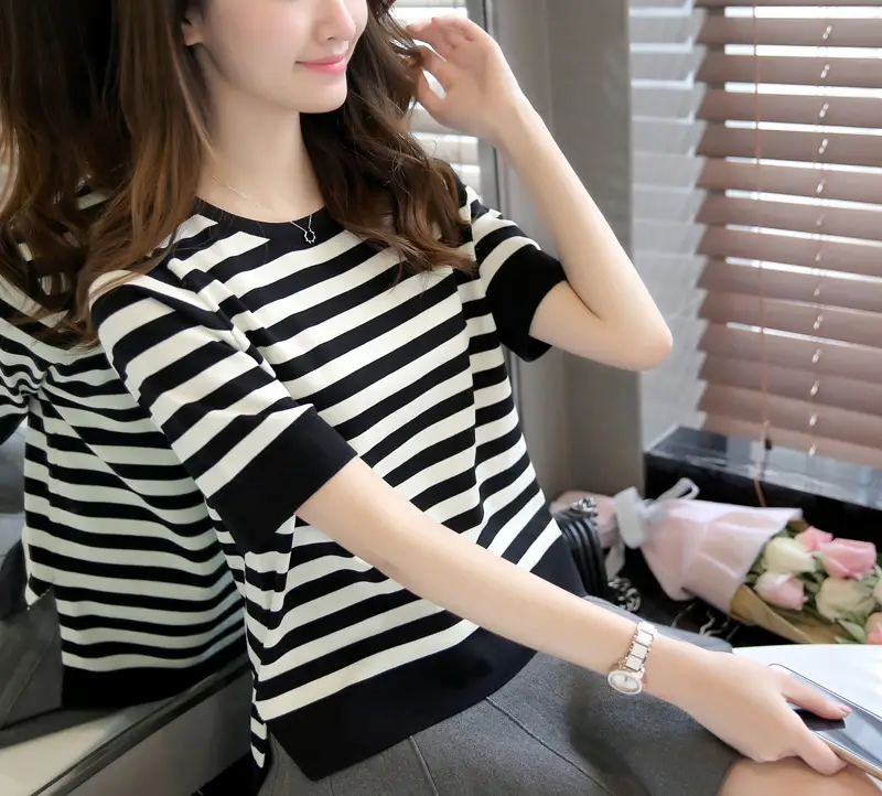 Women Korean Base Striped Split Top T-Shirt Plus Size - Image 2