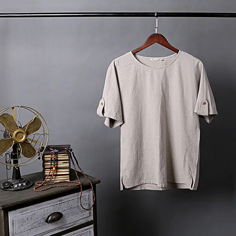 Men's Blue Thin Short Sleeve T-Shirt Cotton Linen Large - Image 11