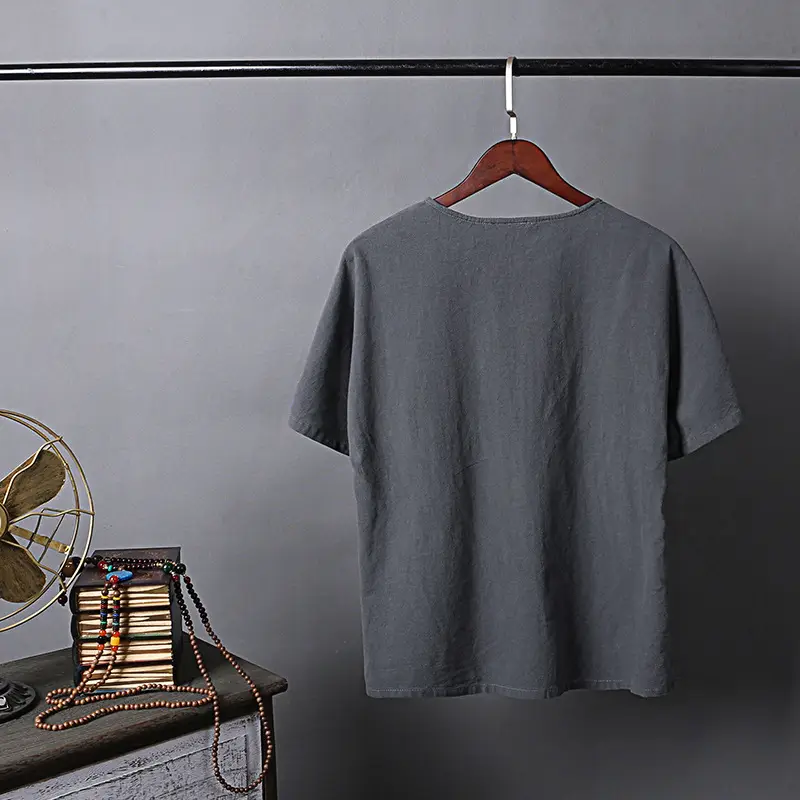 Men's Blue Thin Short Sleeve T-Shirt Cotton Linen Large - Image 13