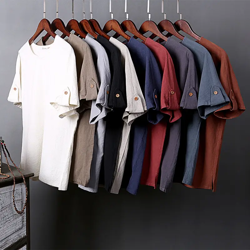 Men's Blue Thin Short Sleeve T-Shirt Cotton Linen Large - Image 15