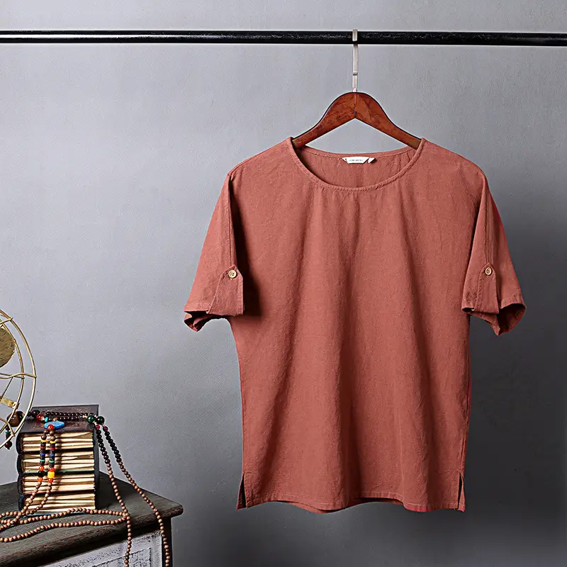 Men's Blue Thin Short Sleeve T-Shirt Cotton Linen Large - Image 10
