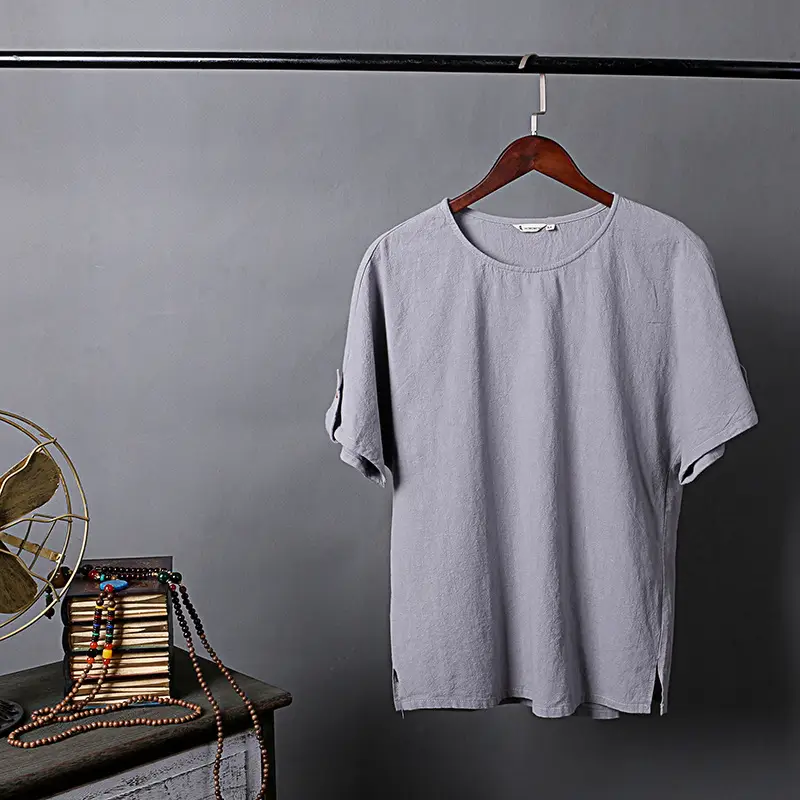 Men's Blue Thin Short Sleeve T-Shirt Cotton Linen Large - Image 3