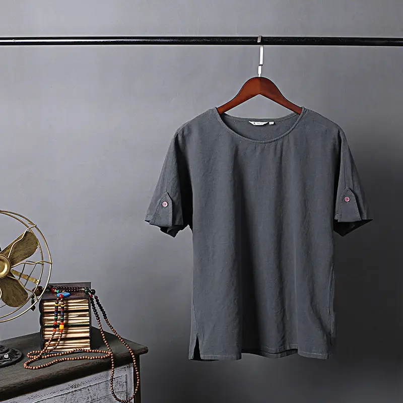 Men's Blue Thin Short Sleeve T-Shirt Cotton Linen Large - Image 5
